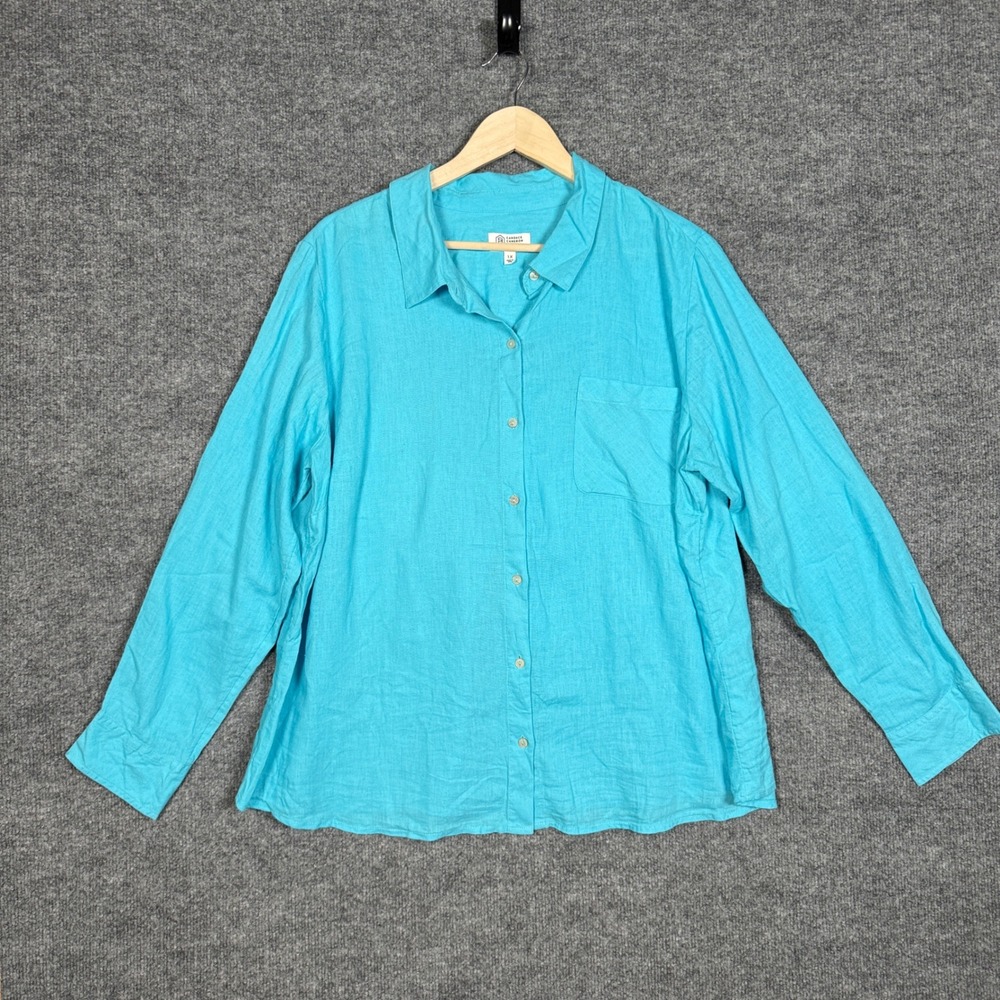 New Candace Cameron Bure Plus Sz 1X Shirt Teal Linen Blend Button Front Collared